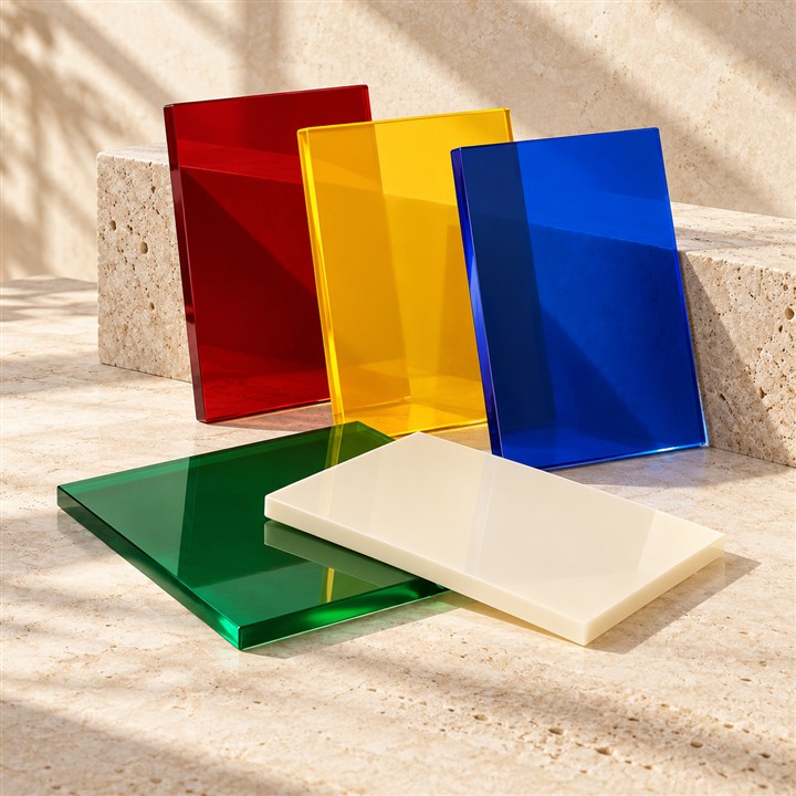 Premium gekleurde acrylplaten in rood, geel, blauw, groen en ivoor op natuursteen