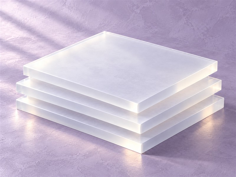 Opaalwitte kunststof platen op lavendelkleurig pleisterwerk